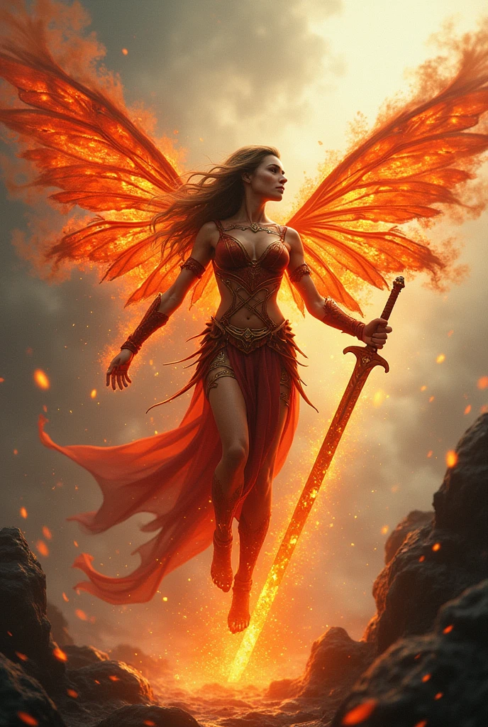 A captivating fairy of fire, lava, and tsunami: soaring upward on bio-mechanical wings, her piercing gaze commands respect, with a sword shining bright, reflecting elemental forces within swirling smoke, surrounded by enthralling sparks, amidst an otherworldly landscape.