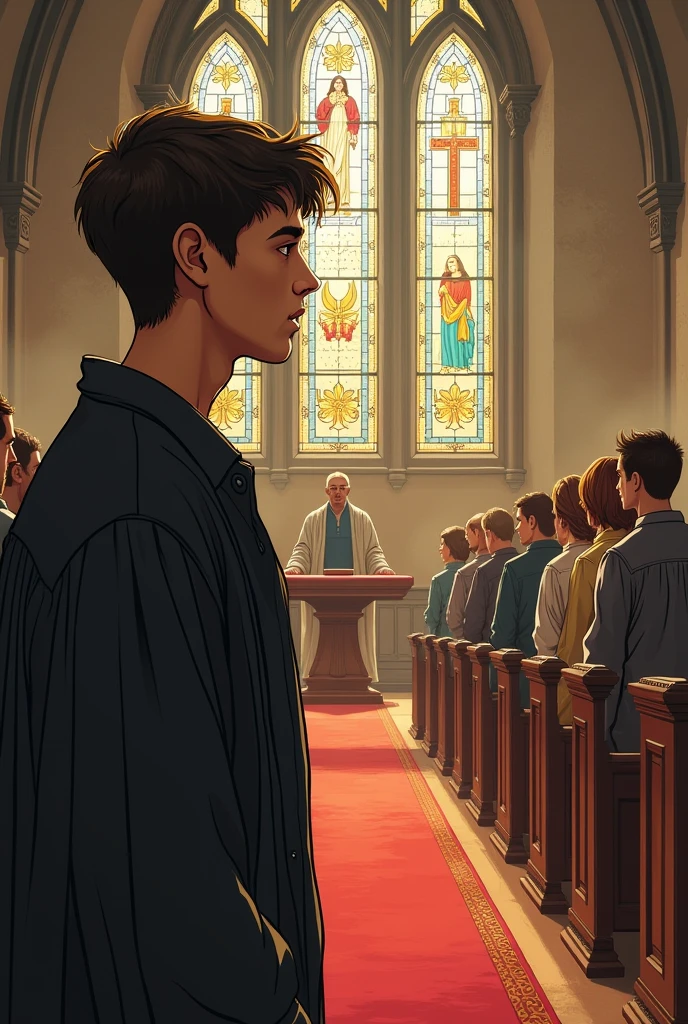 Drawing of a young Christian going to the altar to confess his sins. His face is seen, pensive, and the audience looks at him.
