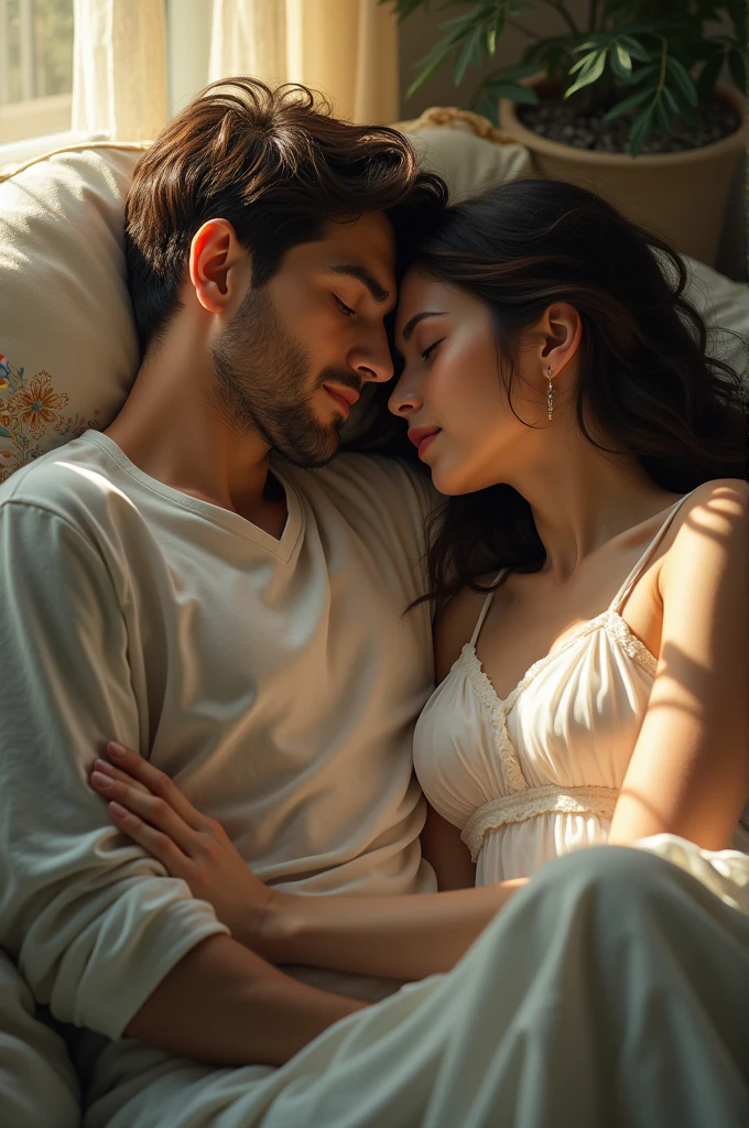 Man sleeping and woman in his lap