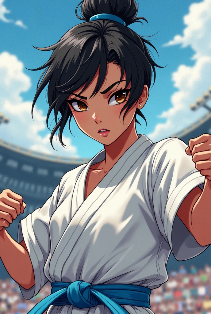  20 year old athletic build female girl, light skinned, with amber eyes, one darker than the other, messy black hair updo, with an expression of attitude and pride, dressed in karategi and light blue belt, in a federated competition, doing kumite, manga style 