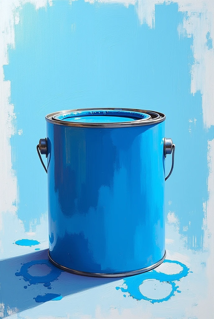 Vivid illustration and trendy oil painting of a can of blue paint centered in the middle of the image. The lack of background focuses the viewer's attention on the playful and expressive details of the paint can, creating a captivating and unique work of art.
