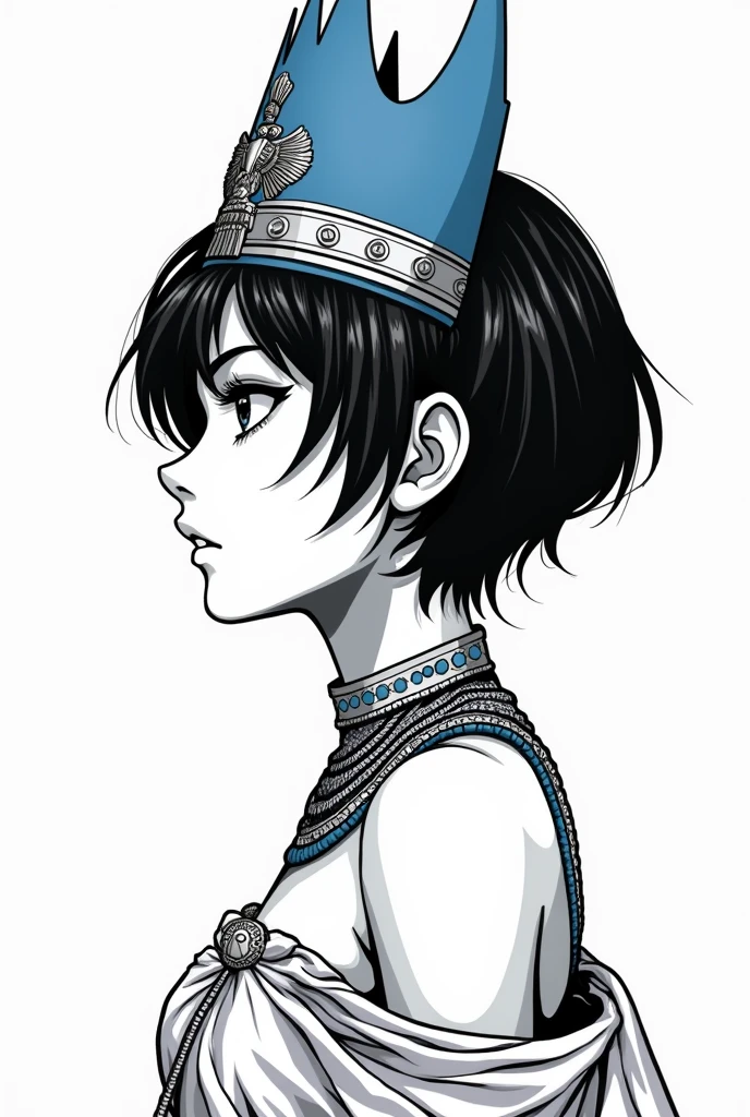 a black and white drawing of a woman with short hair, black and white vector art, anime vector shading, clean line art,intense line art, anime girl portrait profile, extremely thin ink lineart, black and white line art, black on white line art, black and white manga style, anime woman profile head svg 2 colors black and white very thin lines.aretes,ear.jewelly,egypt necklace,crown on head, blue crown, nefertiti, Egito.
