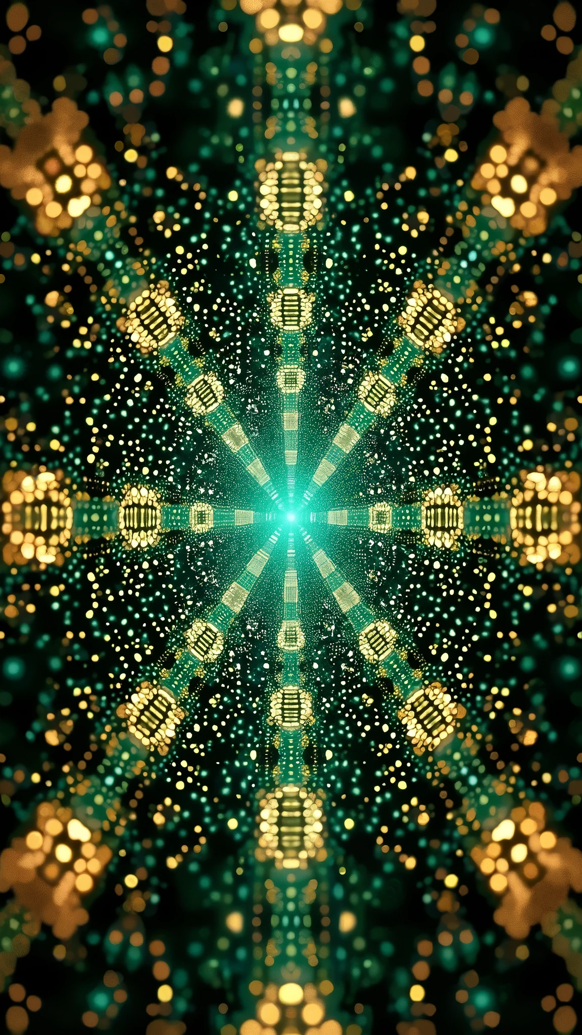 A surreal and disturbing kaleidoscopic pattern inspired by trypophobia, featuring multiple layers of small, closely-packed holes resembling those found in lotus pods. The holes are arranged symmetrically in intricate, repeating patterns, creating a mesmerizing yet unsettling visual effect. The colors include a vivid mix of emerald green and shimmering gold, with the holes appearing dark and glossy. The kaleidoscope effect is enhanced by light reflecting and passing through the holes, creating a shimmering, translucent quality that adds a layer of depth and complexity. Additionally, the image features a multi-exposure effect, with overlapping patterns that seem to shift and blur, giving the impression of multiple layers in motion. This combination of elements results in a hypnotic and eerie visual experience, blending the allure of vibrant colors with the discomfort of trypophobia.