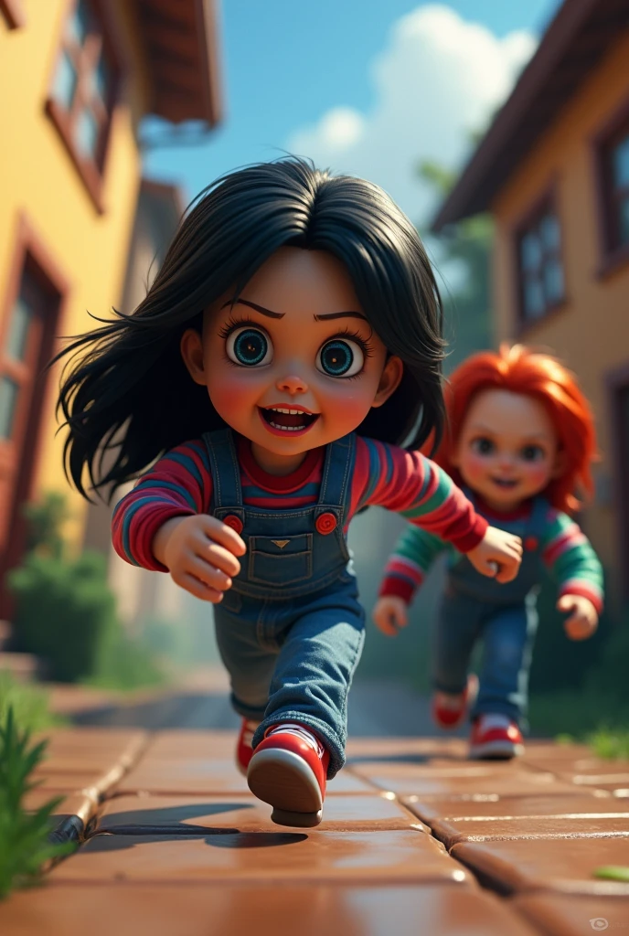 drawing of a black haired girl escaping from a very angry chucky roblox style very roblox style