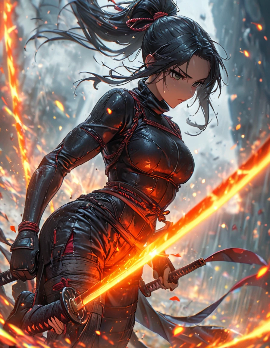 Highest quality, Great quality, 16K, Unbelievably absurd, Very detailed, delicate and dynamic, Natural light, The particles reflect light, Diffuse reflection of light, Many rainbow-colored petals fall, Beautiful studium, Sparkling Sun, Diffuse reflection of light, Create amazing image effects, Cool girl, Serious, passion, Dynamic, A female ninja, full body, ponytail hair, (ninja suit:1.2), (bare arms, bare highs), holding katana, japanese long sword, , swing, (dynamic angle:1.2), agressive posing:1.2), fantasy, in the battle field