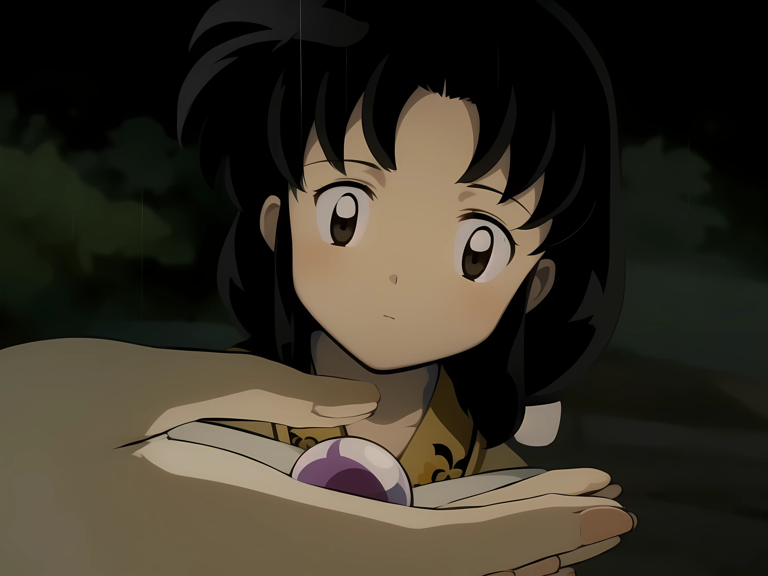 A beautiful girl in a yellow kimono, a beautiful bangs, carry some arrows, is called ((kaede)) Kikyo's sister hermoso copete