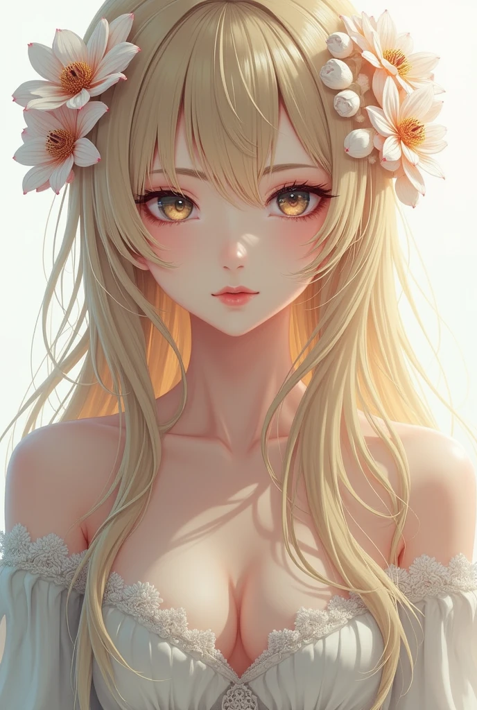 Beautiful Goddess、Mysterious face、A smart face、Upper body image、Looking at the front-facing camera、Background white light、Blonde long hair、Eyes that seem to draw you in、Cool women、Half Japanese and American、Flower Hair Ornaments