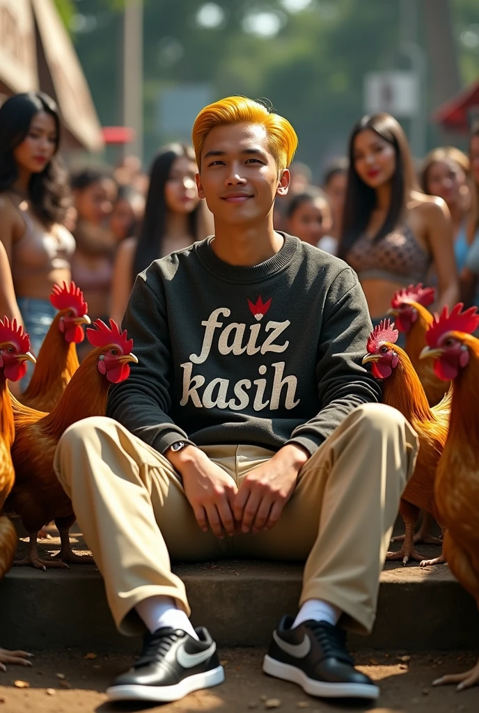 make me a hyper realistic photography HD 18K photo showing a handsome Indonesian man with yellow skin, yellow hair neatly parted on the side, wearing a crewneck sweater containing "Faiz Kasih" with complicated font style, beige chino pants and black and white Nike shoes. The man is seen sitting while bathing Bangkok chickens. in the background there are many beautiful, sexy women looking at the men around them.