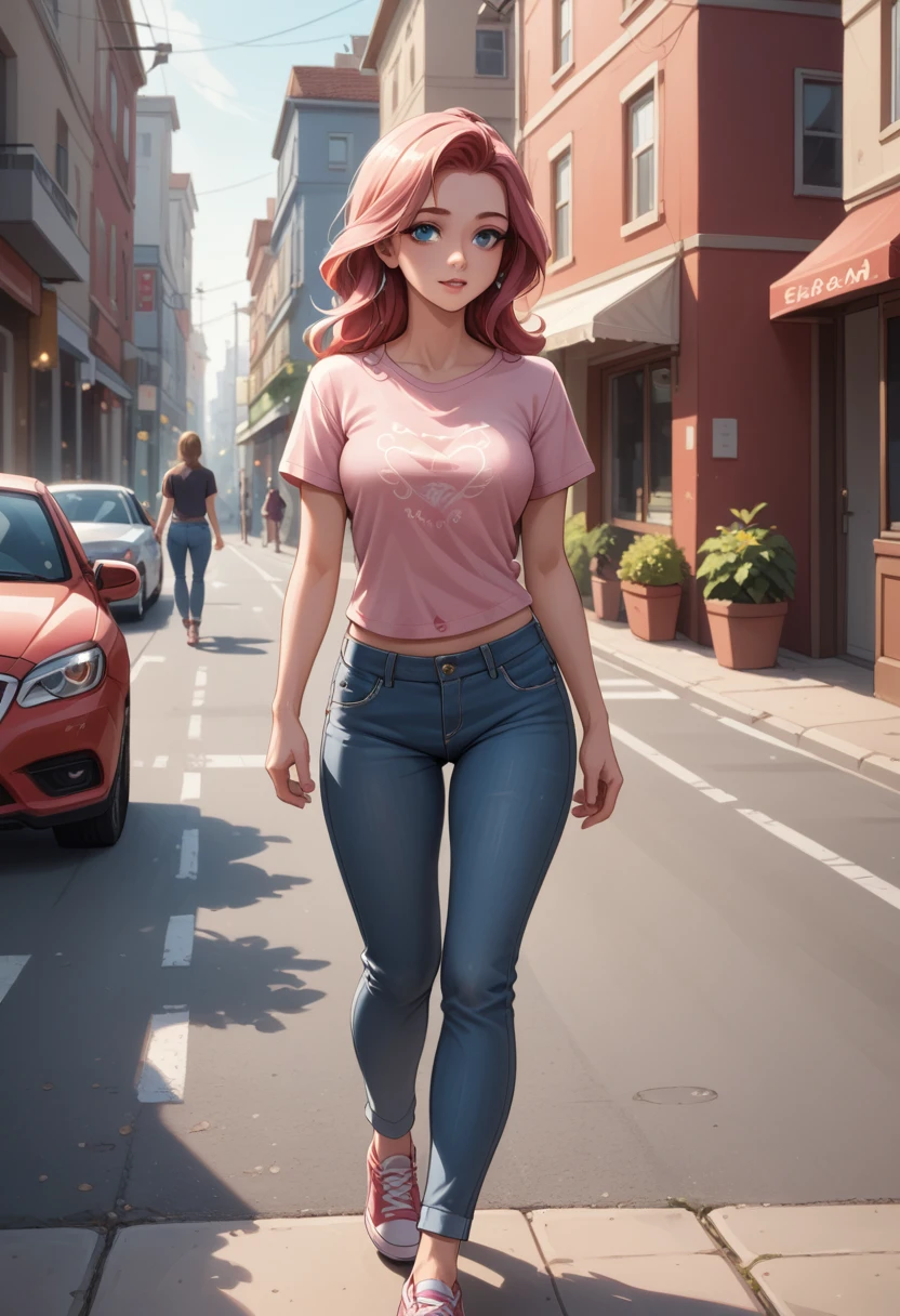 A vision flow of a beautiful woman walking down a street, her pink t-shirt and faded blue jeans illuminated by the sun, a red car passing in the background, and a world of shimmering light.  