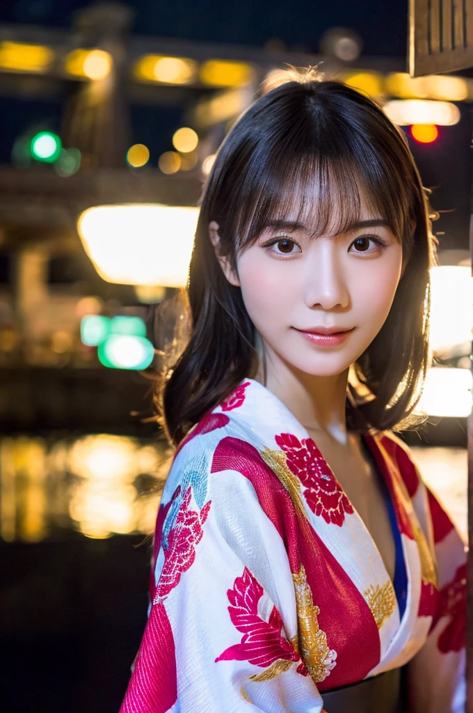 best quality, 8k, very delicate and beautiful, highly detailed face and skin texture, shiny skin, high resolution, sexy japanese girl in kimono on street at night, with firework in the sky, sharp focus
