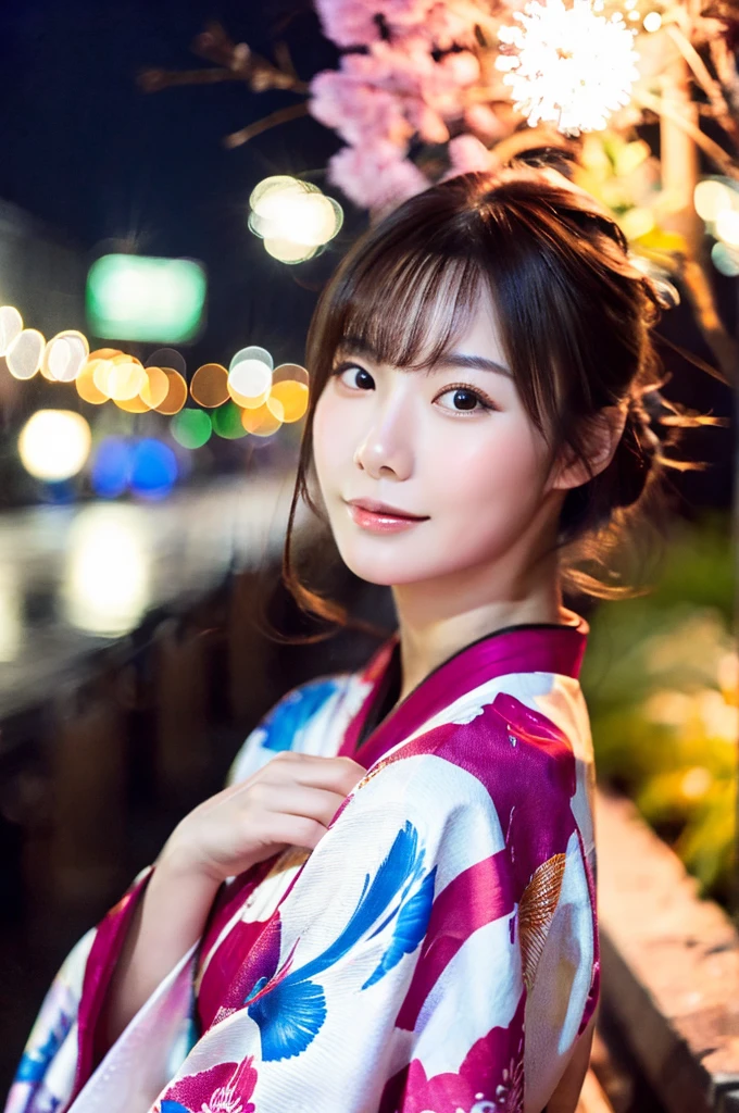 best quality, 8k, very delicate and beautiful, highly detailed face and skin texture, shiny skin, high resolution, sexy japanese girl in kimono on street at night, with firework in the sky, sharp focus
