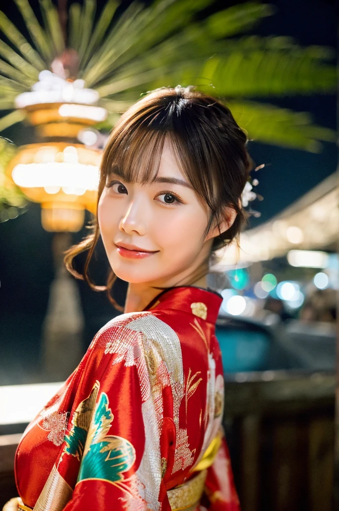 best quality, 8k, very delicate and beautiful, highly detailed face and skin texture, shiny skin, high resolution, sexy japanese girl in kimono on street at night, with firework in the sky, sharp focus
