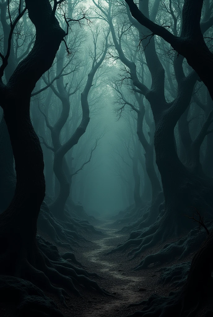 forest with trees around it looks cramped and sinister, and in the background, a wind whistles, bringing a distant sound that echoes through the darkness and a distant silence
