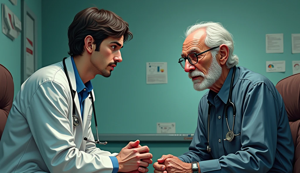 An old doctor sat talking to a 30 years old male doctor in the hospital office, in the style of tomer hanuka, joram roukes, emotionally charged portraits, rustic futurism, darkly comedic, rough painting, cartoon illustration,