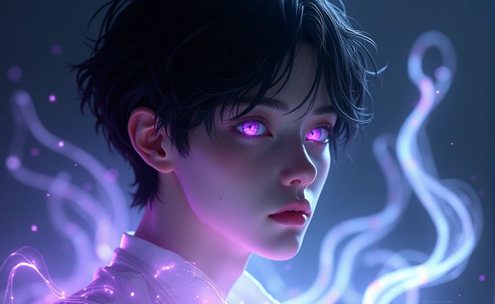 The image shows a younger man with delicate, androgynous features. The person has pale and smooth skin watching at us, with a serene and dreamy expression. His eyes are an intense and bright purple, with a look that seems lost in deep thoughts. The boy hair is short, flowing, and a bright black that appears to be made of liquid light. It is soaked and falls in clumps that blend into the background, giving a sense of movement and fluidity. There is an ethereal lighting effect surrounding the boy. Flashes of purple and white light spread across the image, as if the person is surrounded by water or some kind of magical energy. Light reflections on the skin and hair reinforce this feeling that the boy is made of a liquid or crystalline material. The background is dark, which makes the light effects stand out even more. There is a play of light and shadow that adds depth and mystery to the scene. The style is very detailed and realistic, with a fantastic touch. The use of cool colors and lighting effects creates a dreamy and otherworldly atmosphere.