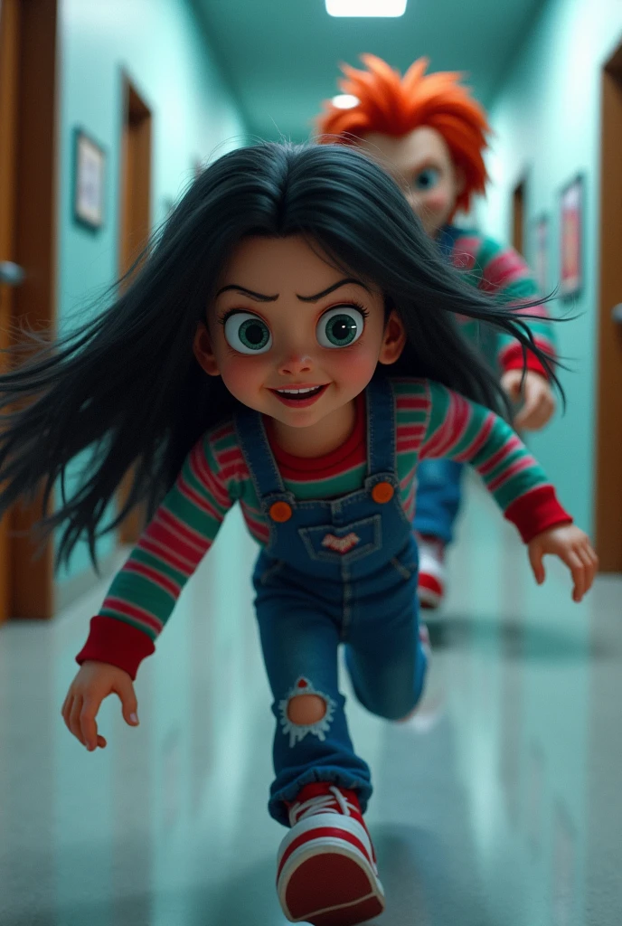 drawing of a black haired girl escaping from a very angry chucky roblox style very roblox style