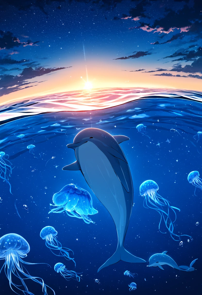 starry, starry light, night, cloud, star \(sky\), sunset, a lots of blue jellyfishes in the sky, ((big dolphins floating in the sea)) , beauty (star (sky)), blue color only 