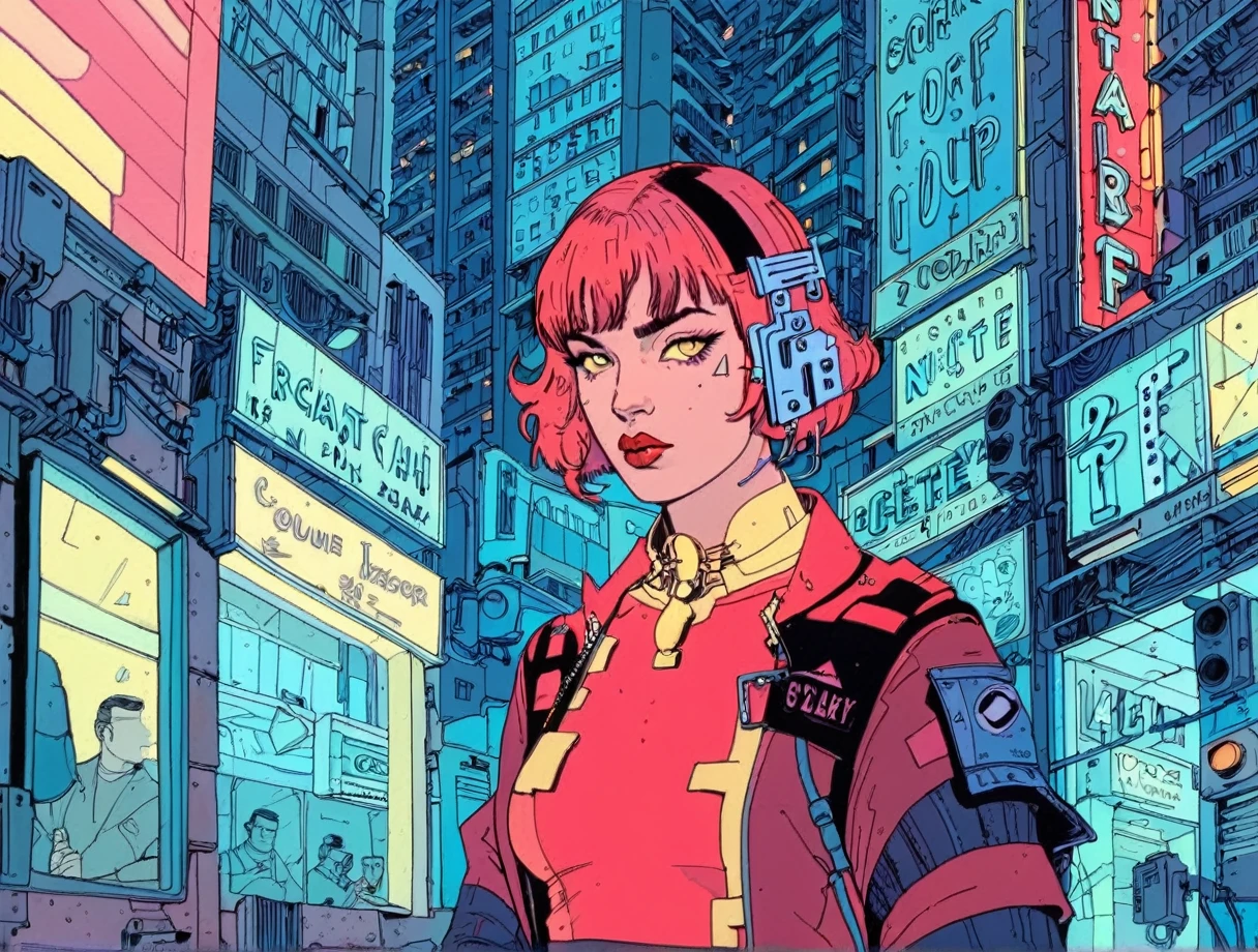 cyberpunk woman with a red shirt, , french bob, amelie poulain, french bob hair, 1 9 3 0 s haircut, mariel hemmingway, 
, nighttime, cyberpunk city, dark, raining, neon lights , (josan gonzalez ,Neon Night), cyberpunk, synthwave, 1980s, futurism, brutalism, neuromancer, cinematic photo in a rave, detailed hair, very short hair, red hair,analog, the contrast in colors and textures should be distinct highly detailed, surreal, vibrant yet slightly desaturated, faded film, desaturated, 35mm photo, grainy, vignette, vintage, Kodachrome, Lomography, stained, highly detailed, found footage,art by Adrian Tomine