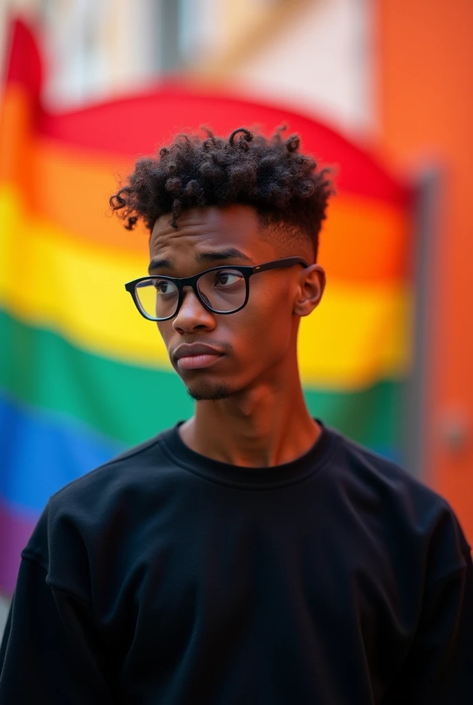 a young brown man with light skin, shaven, Scrawny, with short curly hair, wearing glasses, with a black sweatshirt, large nose, a serious expression and a rainbow lgbt background