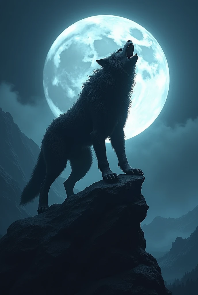 (photorealism:1.2), werewolf howling at the full moon powerful,with hair everywhere, on the top of a rock