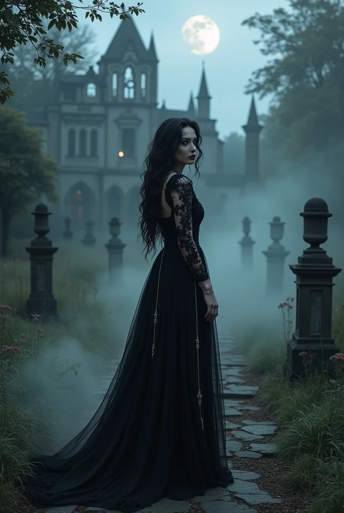 Imagine a scene shrouded in mystery and allure, where the essence of goth aesthetics melds seamlessly with an atmospheric backdrop. Picture a solitary goth woman standing in the heart of this scene, embodying the quintessence of gothic beauty and grace. Her attire is a masterpiece of gothic fashion, featuring a long, flowing black dress that cascades gracefully to her feet, adorned with intricate lace patterns and delicate silver chains that glint subtly in the dim light. Her hair is a cascade of dark waves, framing her pale face and enhancing her piercing, captivating eyes, which are accentuated by dark, smoky makeup. The atmosphere around her is charged with a palpable sense of mystery and enchantment. The scene is set in a forgotten garden, where the moon casts a silver glow over ancient statues and overgrown paths. Mist rolls gently across the ground, swirling around her feet and adding a mystical quality to the scene. In the background, the remnants of a once-grand gothic mansion loom, its spires and arches silhouetted against a starlit sky, adding a sense of timeless decay and romance. This scene is not just a visual spectacle; it's a portal to a world where gothic elegance and atmospheric beauty converge. The goth woman stands as a guardian of this realm, a symbol of strength and mystery, inviting the viewer to step into a world beyond the ordinary, where every element is imbued with depth and emotion. g0thg1rl