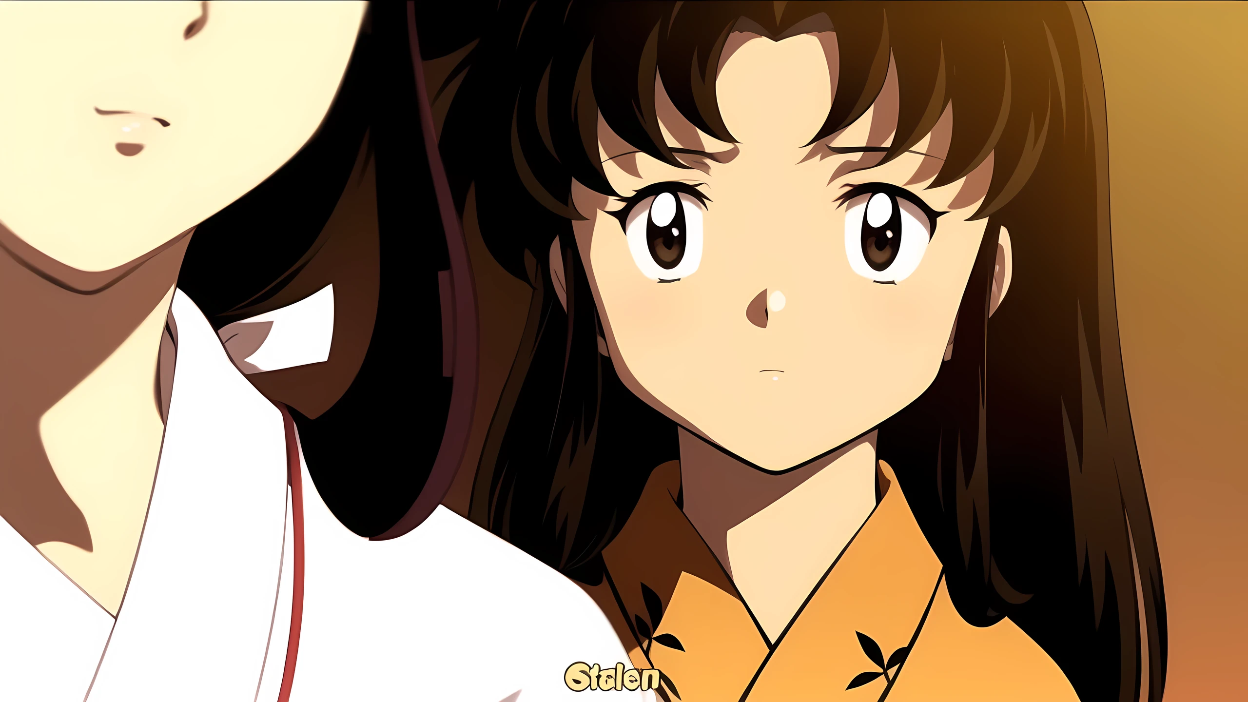 A beautiful girl in a yellow kimono, a beautiful bangs, carry some arrows, is called ((kaede)) Kikyo's sister