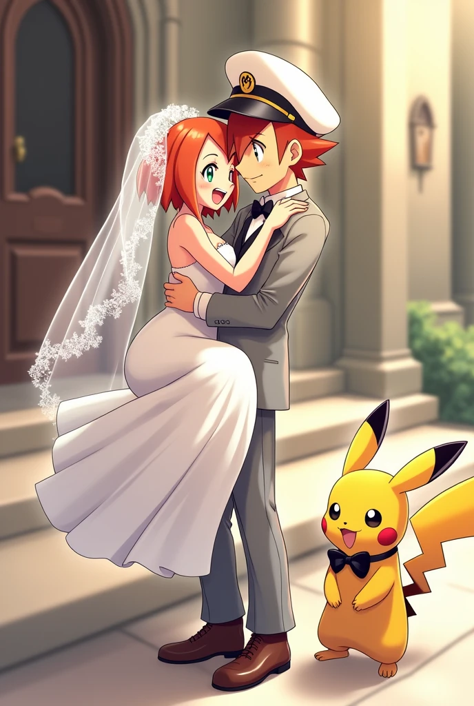 Draw a portrait of Ash from Pokémon in a wedding suit and a white cap and Misty in a beautiful wedding dress.
He lifts her up outside the church.
Let the bride&#39;s hair be short and orange and wear a veil.
Let the bride&#39;s eyes be green and the groom&#39;s brown.
Add Pikachu with white suit and black bow.

