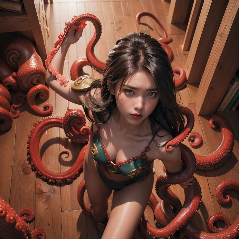 Highest quality、8k、masterpiece、Realistic, Sharp focus, High resolution, High resolution, Portraiture, alone, Japanese, Valkyrie、Woman warrior、Beautiful woman, From above,((Dynamic pose)),Bikini Armor, Glamour body,(Cluttered Background,Tentaclesが 散らかった部屋:1.3), Dark Background、(((octopus、Tentacles)))