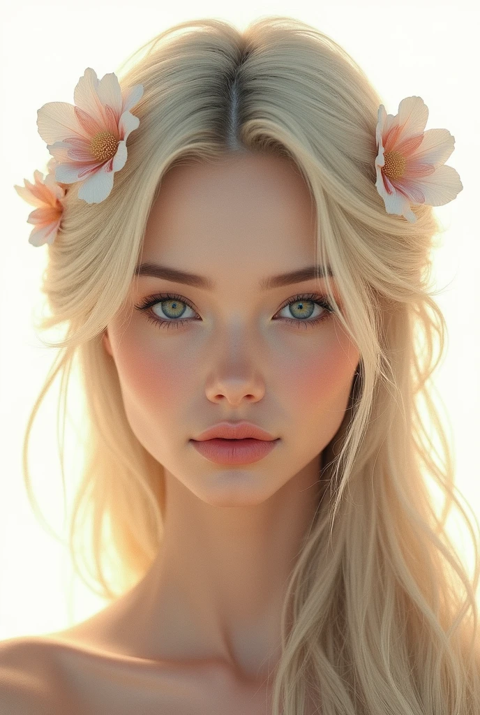 Beautiful Goddess、Mysterious face、A smart face、Upper body image、Looking at the front-facing camera、Background white light、Blonde long hair、Eyes that seem to draw you in、Cool women、Half Japanese and American、Flower Hair Ornaments
