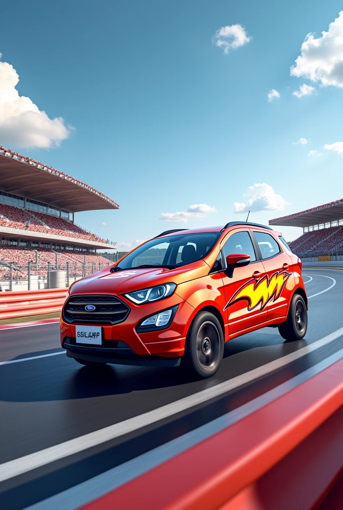 A wide photo of New ford ecosport on race track with lightning McQueen colour