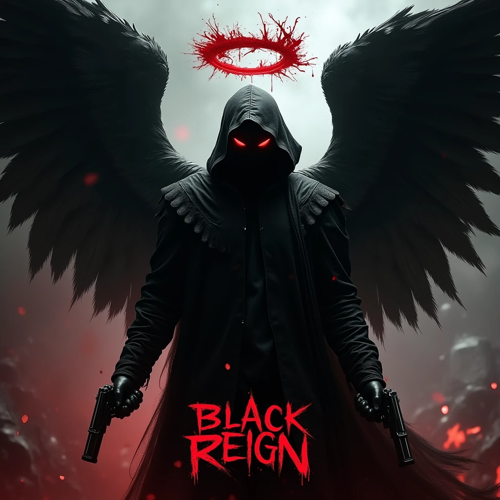 Black hooded man, mysterious, red eyes, bloody angel halo above head, big black angel wings, bloody background, holding two pistols, word “Black Reign” in large text below it, hyper realism, logo