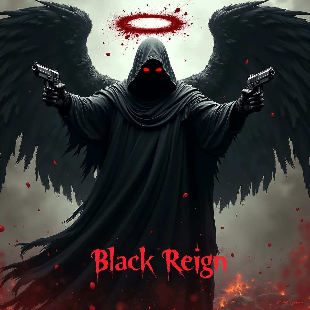 Black hooded man, mysterious, red eyes, bloody angel halo above head, big black angel wings, bloody background, holding two pistols, word “Black Reign” in large text below it, hyper realism, logo