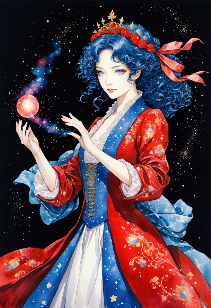 Ayami kojima/Kojima Fumi style, Watercolor illustration, manga vibes, slim figure, black background. 1girl, 独奏, blue curly hair, crown, Victorian goddess dress, red clothes. Sparkles stars, magic dust.