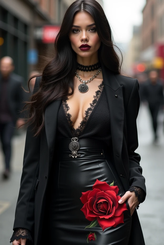 black mesh shirt over a white lace top, paired with a black pencil skirt with a rose print in pink and white tones. Completed with white thigh-high stockings, Black flat leather ankle boots with silver buckles, a black velvet choker with a silver rose pendant, and a smoky eye makeup with lips in a muted pink tone.