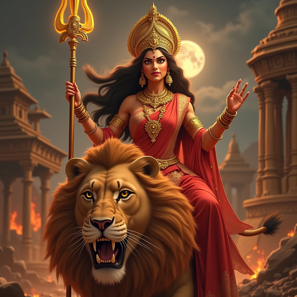  cinematic animated character art, shillouete of a woman dressed as godess durga in saree, riding a lion , fierce expression, wearing golden crown and holding a glowing trident, village set on fire in background, temple ruins, Chaos, moonlit night , red saree, lighting, colour graded, vibrant, realism, 4khd