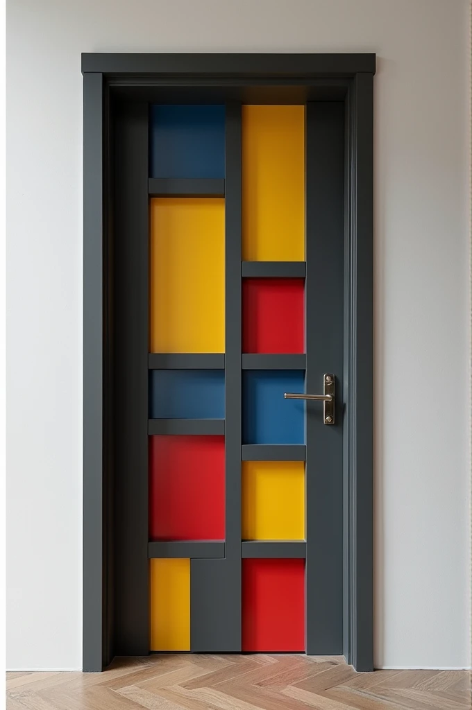 Door smooth, with horizontal interlock dividing it into 3 equal dark gray parts of 1,90 m high by 0,8 wide. Subdivide into colored rectangles and squares, like Piet Mondrian's composition A. More geometric shapes. Mix the colors