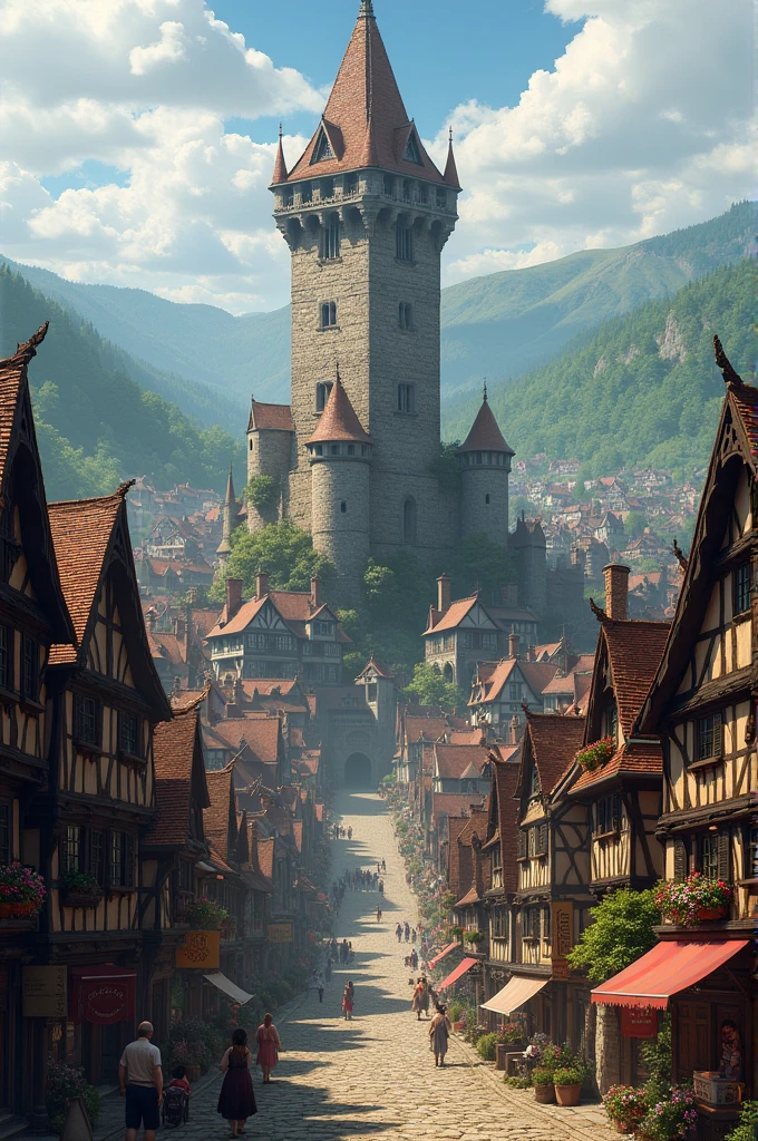 Medieval town with giant tower in the center