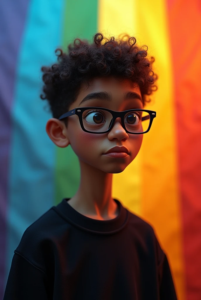 a young brown man with light skin, shaven, Scrawny, with short curly hair, wearing glasses, with a black sweatshirt, large nose, a serious expression and a rainbow lgbt background