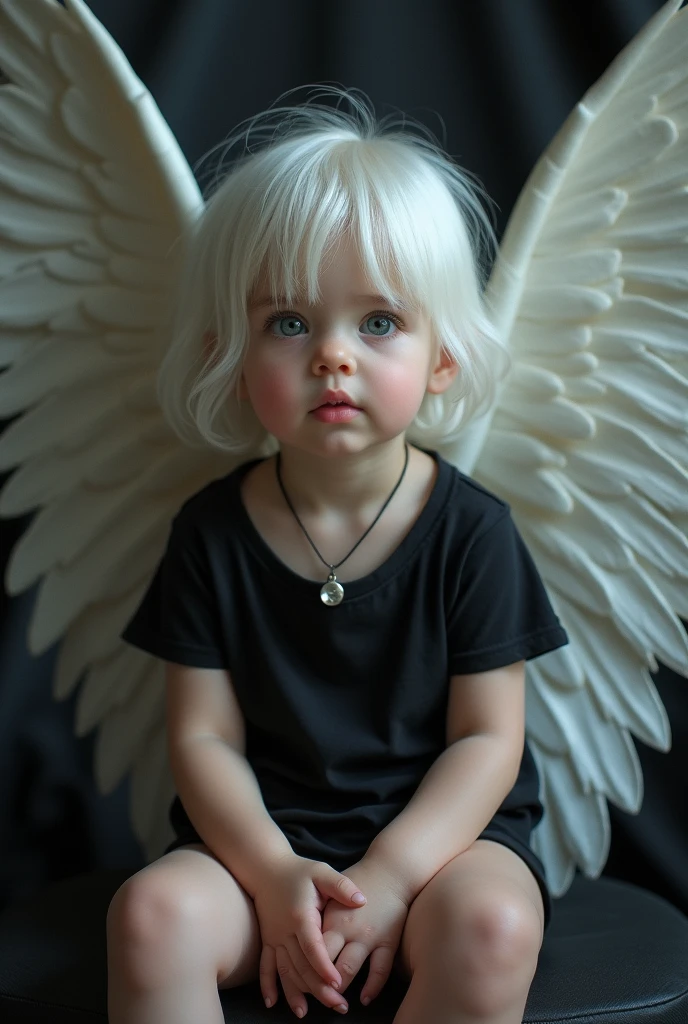 Baby girl with black t-shirt and necklace like a fairy face smooth skin pink lips white hair perfect body and dark smoke background and have a big wings of an angel
Setting in the chair