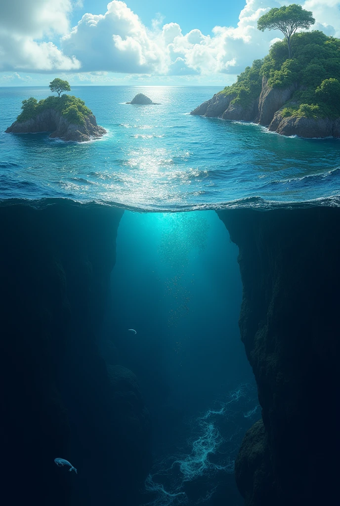 Create an image of the sea from the surface down to the dark deep bottom.  Add many small islands to the surface. Also make the vertical aspect ratio of the image very long that ncan stretch to the phone screen.
