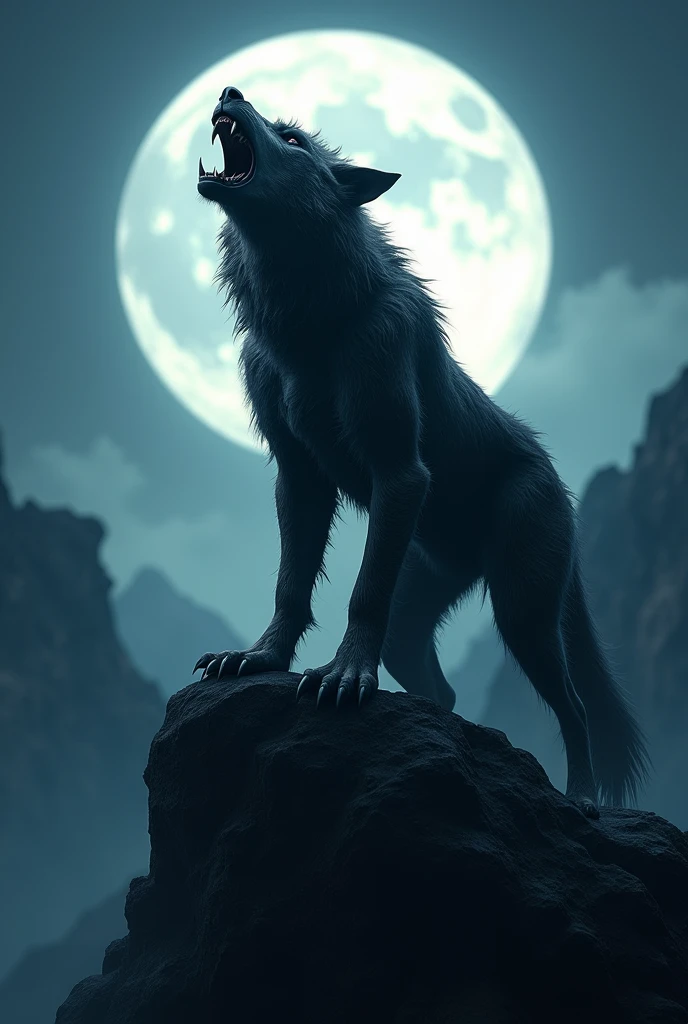 (photorealism:1.2), werewolf howling at the full moon powerful,with hair everywhere, on the top of a rock
