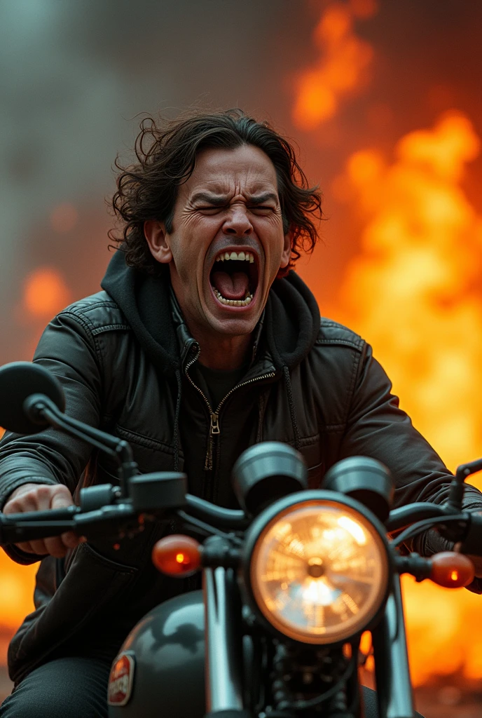 motorcycle catches fire and black smoke ,rider shock and scared crying open mouth tears 