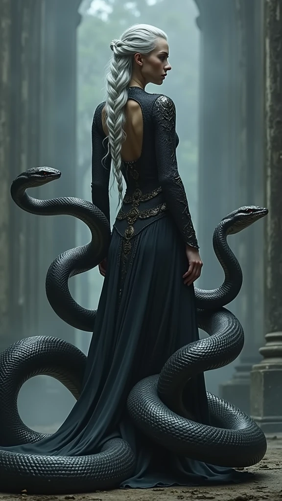 The Serpent Empress stands with her back to the viewer, head turned slightly to the side, revealing a glimpse of her piercing red eyes. Her long, silver braid hangs down her back, contrasting with her dark, intricately designed outfit. The serpents encircle her, their bodies coiled and tense. The misty backdrop and sharp shadows emphasize the photorealistic details of her attire and the texture of the serpents' scales.