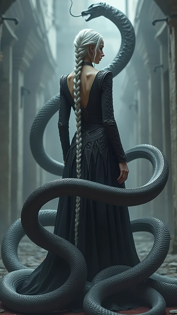 The Serpent Empress stands with her back to the viewer, head turned slightly to the side, revealing a glimpse of her piercing red eyes. Her long, silver braid hangs down her back, contrasting with her dark, intricately designed outfit. The serpents encircle her, their bodies coiled and tense. The misty backdrop and sharp shadows emphasize the photorealistic details of her attire and the texture of the serpents' scales.