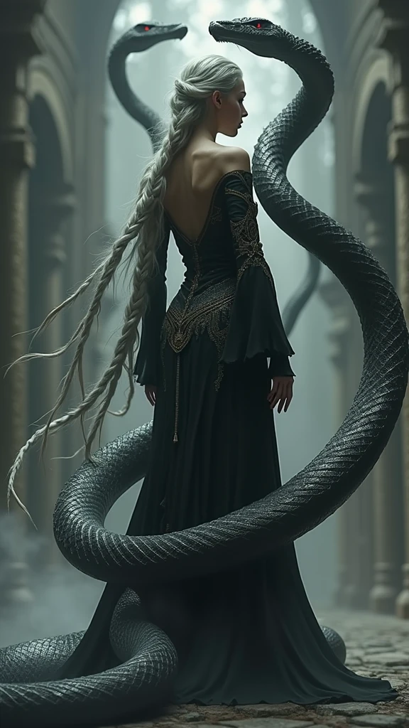 The Serpent Empress stands with her back to the viewer, head turned slightly to the side, revealing a glimpse of her piercing red eyes. Her long, silver braid hangs down her back, contrasting with her dark, intricately designed outfit. The serpents encircle her, their bodies coiled and tense. The misty backdrop and sharp shadows emphasize the photorealistic details of her attire and the texture of the serpents' scales.