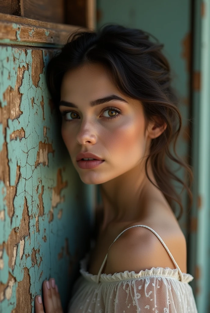 a profile of an ultra beautiful woman against an old painted clapboard wooden sign, weather sign, pealed, old sign, 8k resolution
