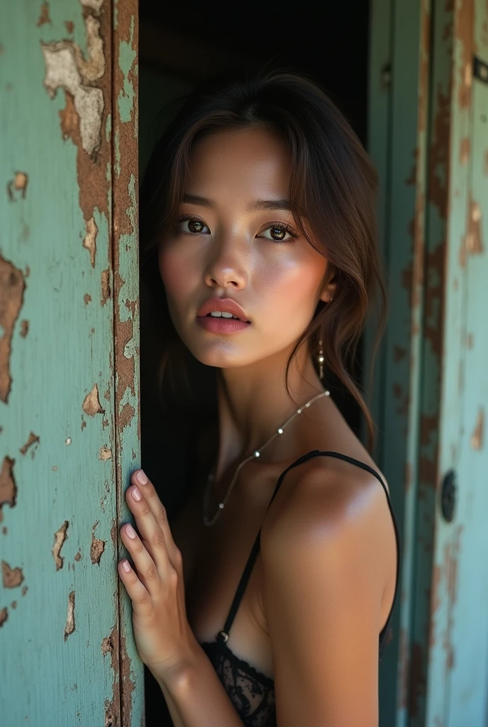 a profile of an ultra beautiful woman against an old painted clapboard wooden sign, weather sign, pealed, old sign, 8k resolution