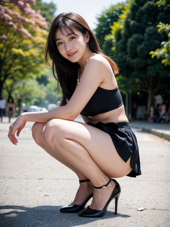 (RAW Photos:1.2), (Realistic:1.4),Beautiful detailed woman,非常にfine grainと顔, fine grain, Very detailed,High resolution, Very detailed,Highest quality,Raise awareness,Unified,8k wallpaper,masterpiece,Highest quality,1 female,alone,rich,Whole Body Ezbian,(A little thick:0.9),Toned figure,,Tight waist,alone,(Jet black one-piece suit,mini skirt,High heels),Jewelry Necklace Medium Long Hair,A kind smile,A dignified atmosphere,black eye,Realistic,Central Park , (Morning Park:1.1)