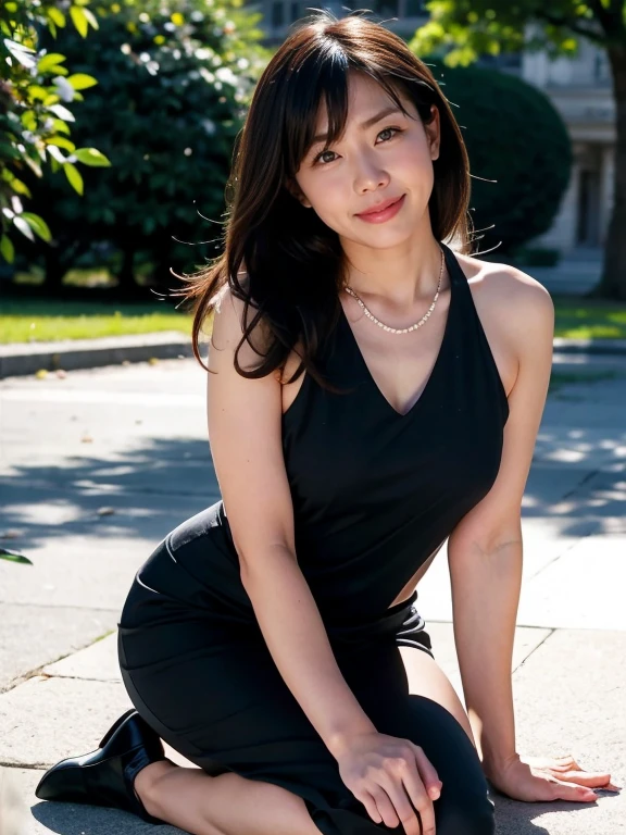 (RAW Photos:1.2), (Realistic:1.4),Beautiful detailed woman,非常にfine grainと顔, fine grain, Very detailed,High resolution, Very detailed,Highest quality,Raise awareness,Unified,8k wallpaper,masterpiece,Highest quality,1 female,alone,rich,Whole Body Ezbian,(A little thick:0.9),Toned figure,,Tight waist,alone,(Jet black one-piece suit,mini skirt,High heels),Jewelry Necklace Medium Long Hair,A kind smile,A dignified atmosphere,black eye,Realistic,Central Park , (Morning Park:1.1)