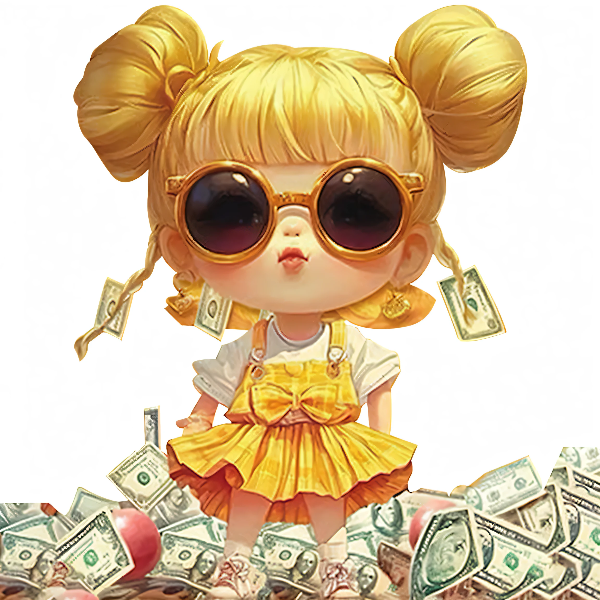 Cartoon style trendy girl，Has bright pink long hair，Gold hairpins embellished，Wearing stylish gold-framed sunglasses and earrings，Show a unique personality。She was wearing a white T-shirt，Brown bear pattern and &#39;BEAR&#39; printed on chest，Paired with a pink pleated skirt，Lively and trendy。Dollar bills scattered at feet，Especially the eye-catching $20 bill，Create a dream atmosphere of sudden wealth。Let AI capture this confidence and sense of wealth，Use bright colors and delicate brushstrokes，Describes the image of a trendy girl full of vitality and dreams